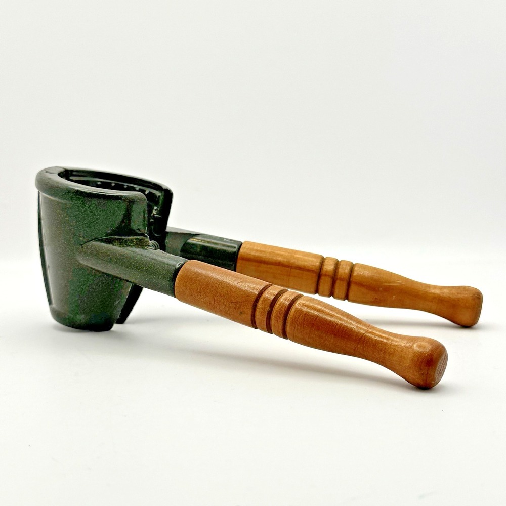 Wood Handle Nutcracker 7in Green Metal Cone Spring Loaded Walnut Pecan Cracker